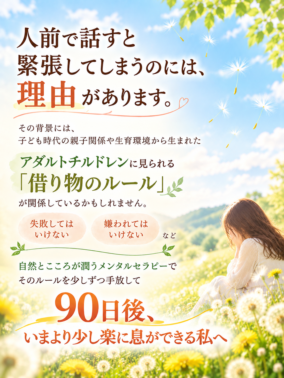 アダルトチルドレンと借り物のルール
あがり症
人前で緊張
90日後いまより少し楽になる